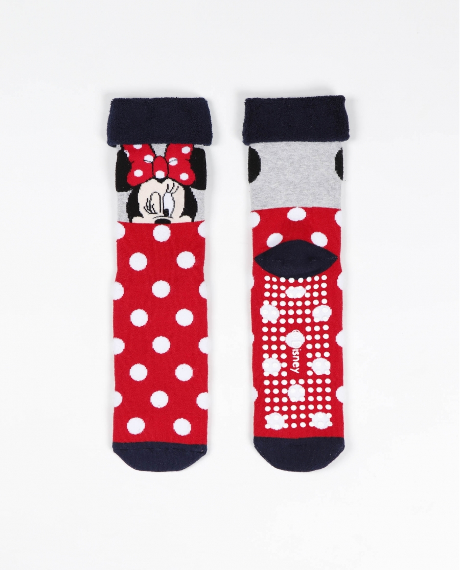 DISNEY Calcetín Antideslizante Mickey & Minnie Dots para Mujer ROJO