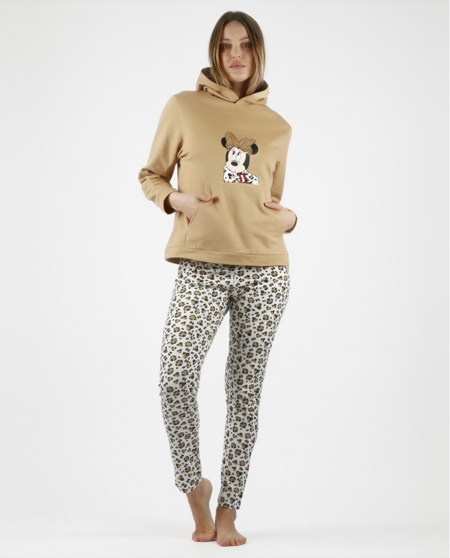 DISNEY Pijama Capucha Manga Larga Minnie Leopardo para Mujer CAMEL