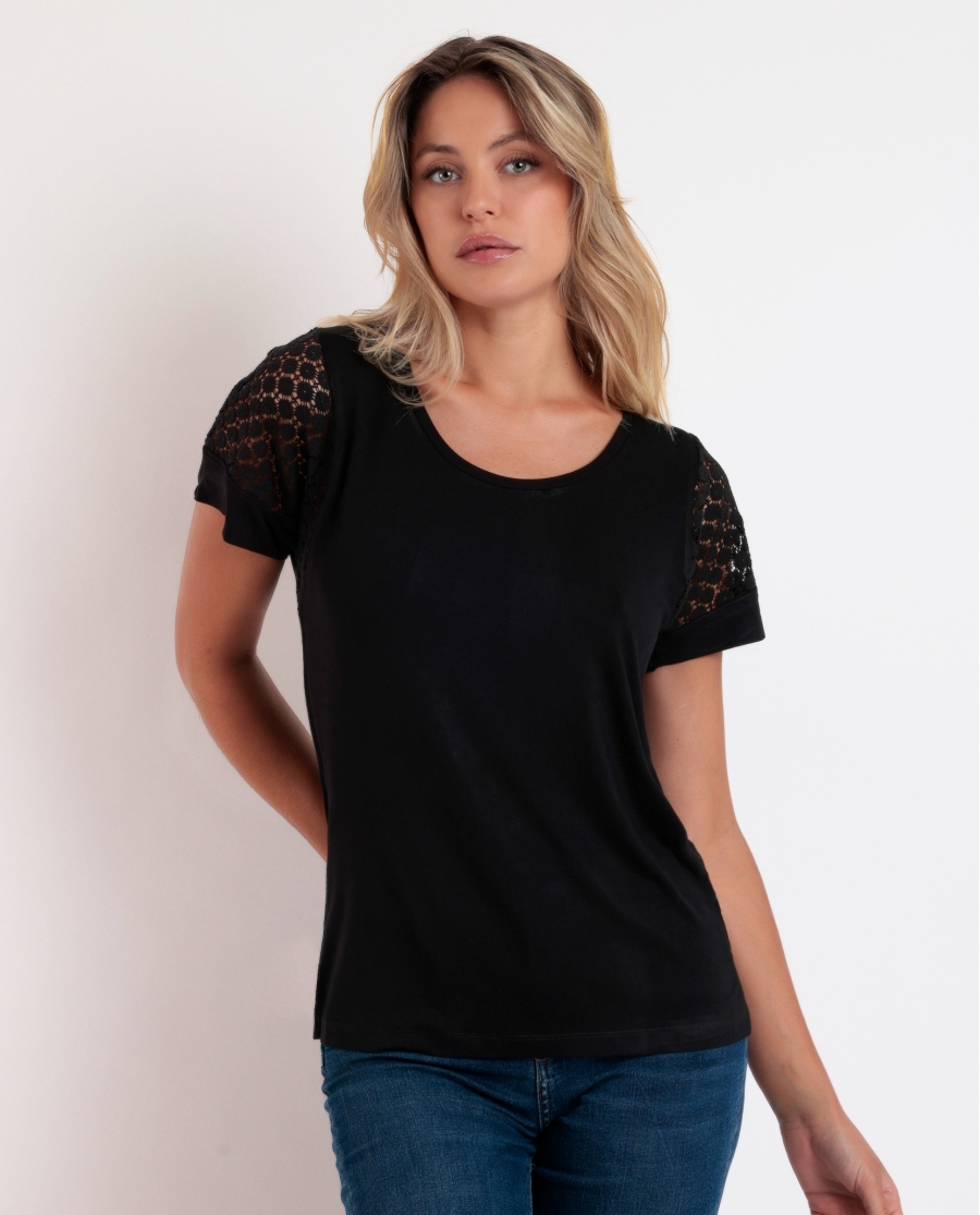 ADMAS Camiseta de Manga Corta Lace para Mujer NEGRO