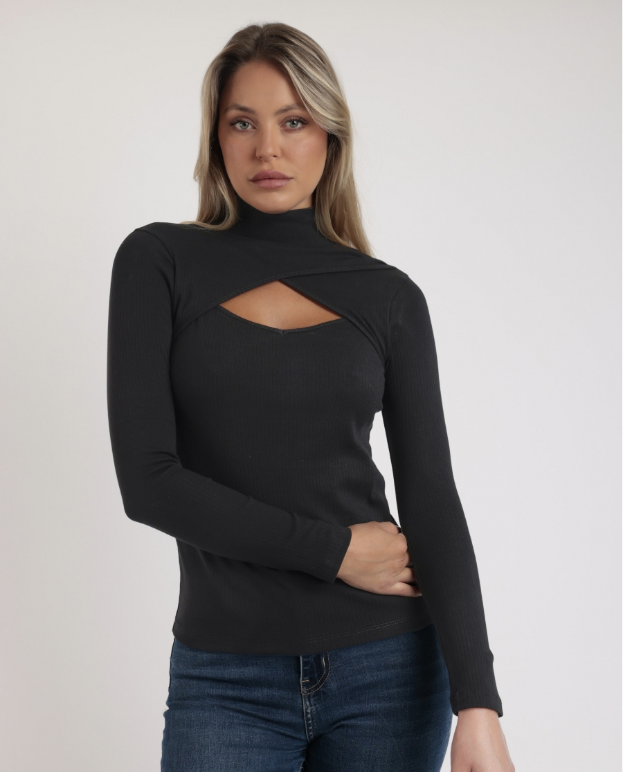 ADMAS Camiseta Manga Larga Cuello Cruzado para Mujer NEGRO