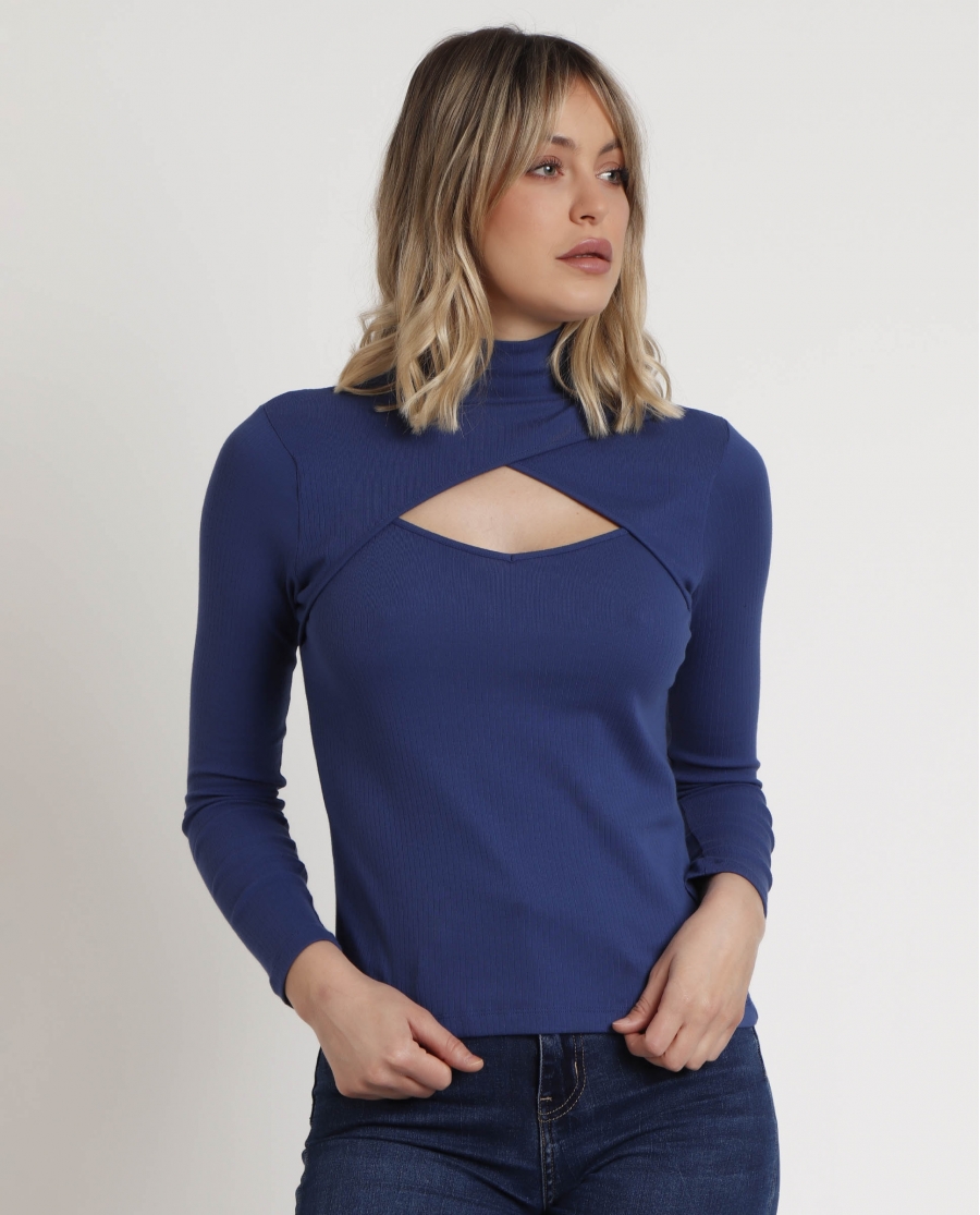 ADMAS Camiseta Manga Larga Cuello Cruzado para Mujer AZUL