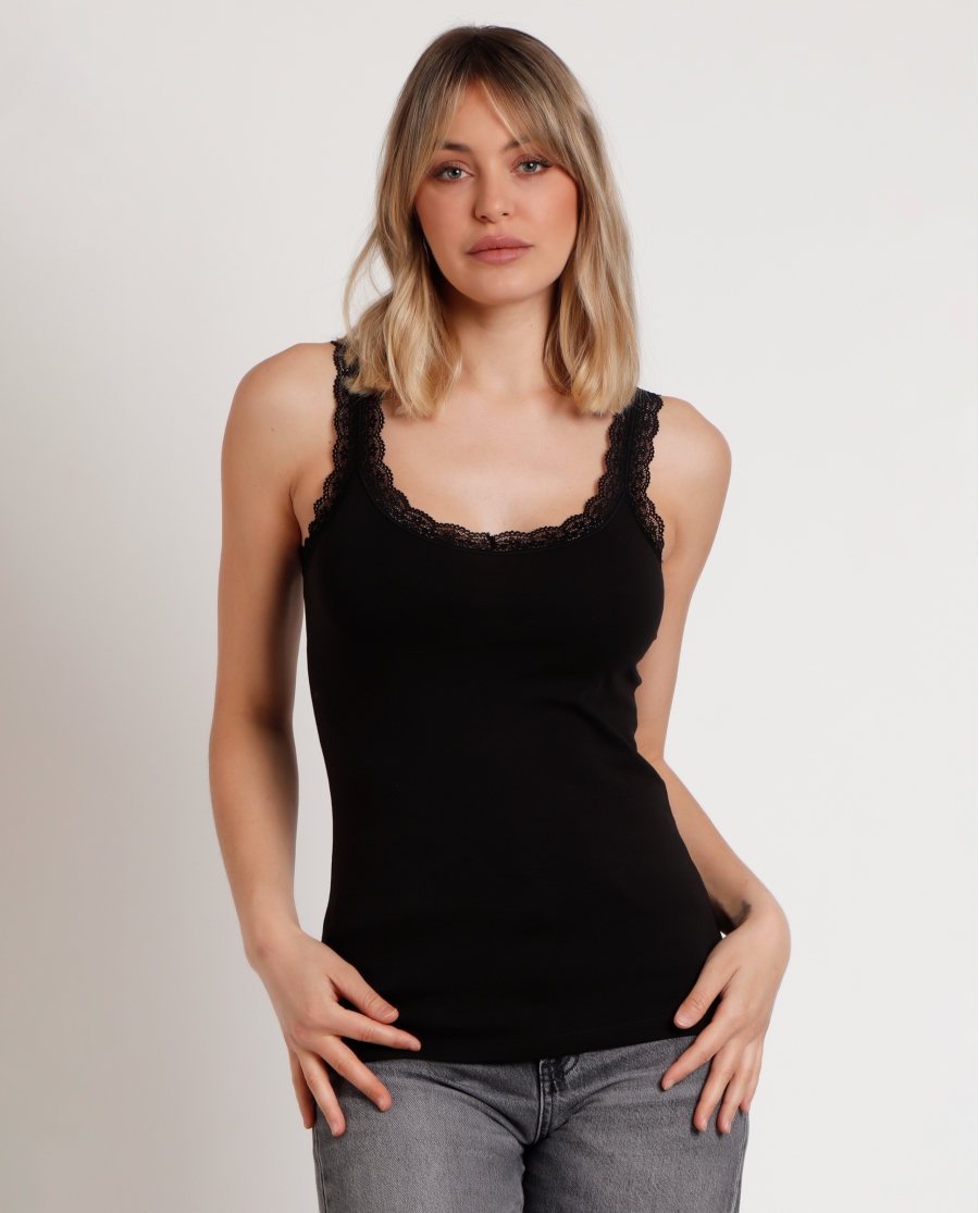 ADMAS Camiseta Tirantes Puntilla Ondas para Mujer NEGRO