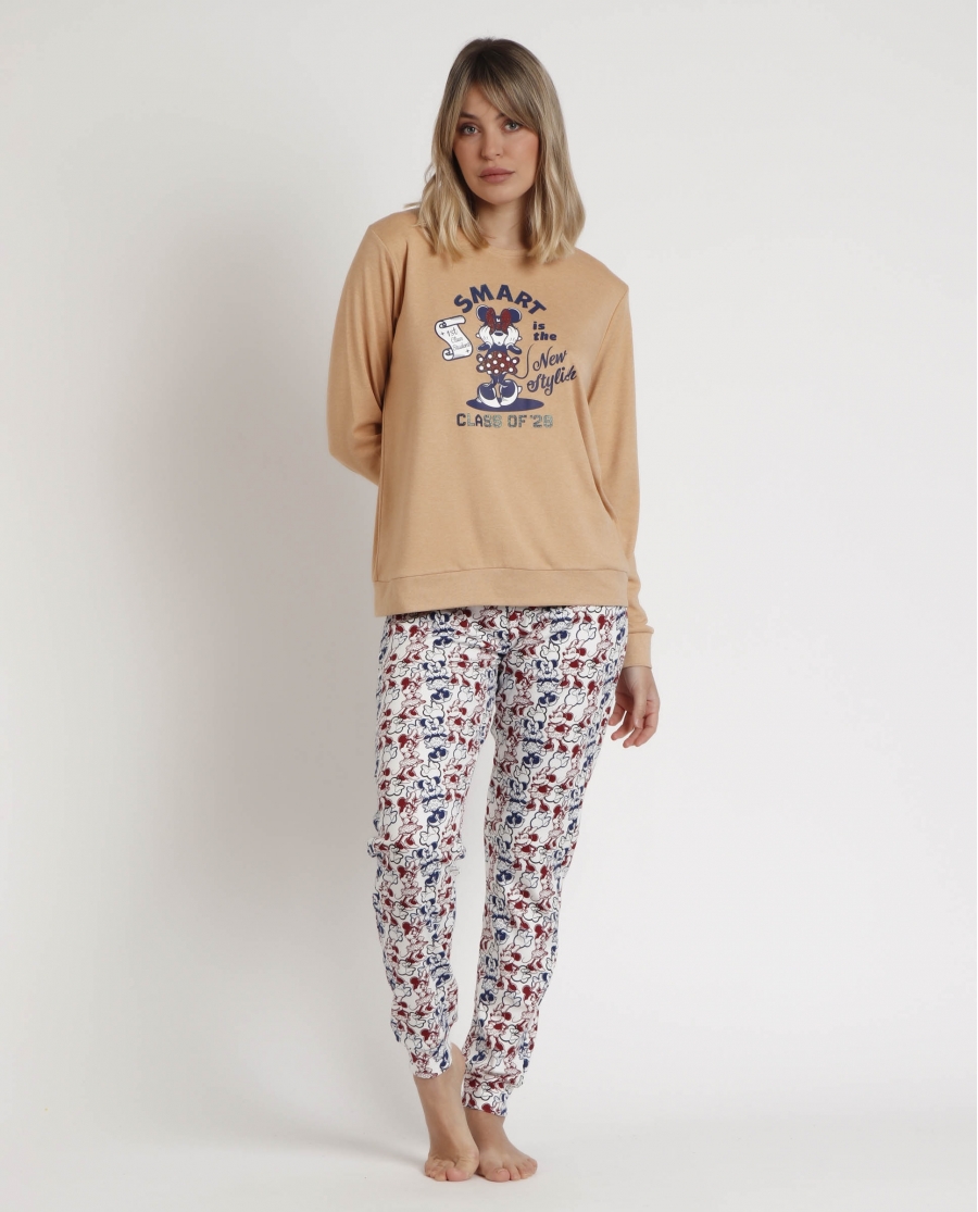 DISNEY Pijama Manga Larga Minnie College para Mujer CAMEL