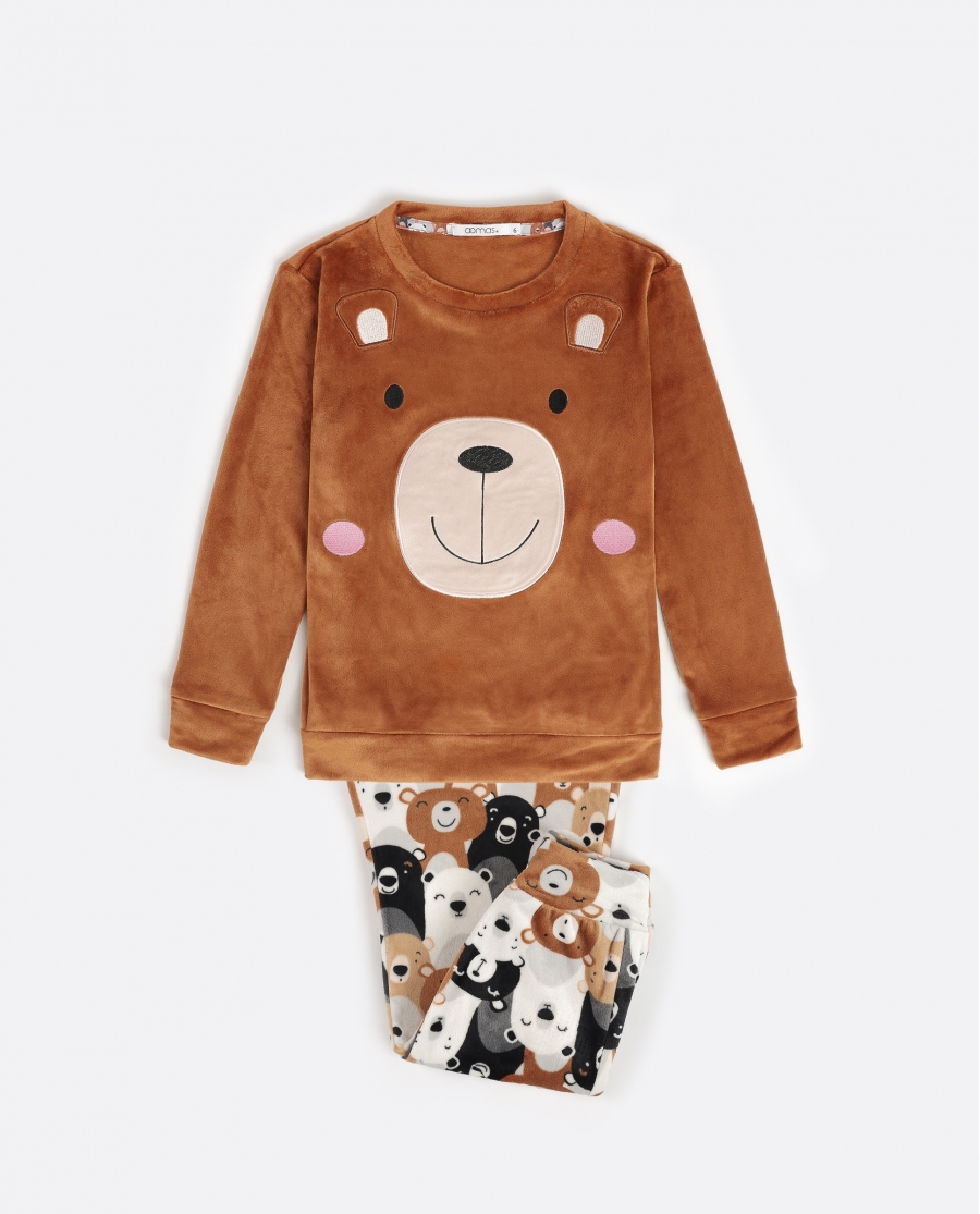 ADMAS Pijama Manga Larga Velvet Bear Family para Niña MARRON