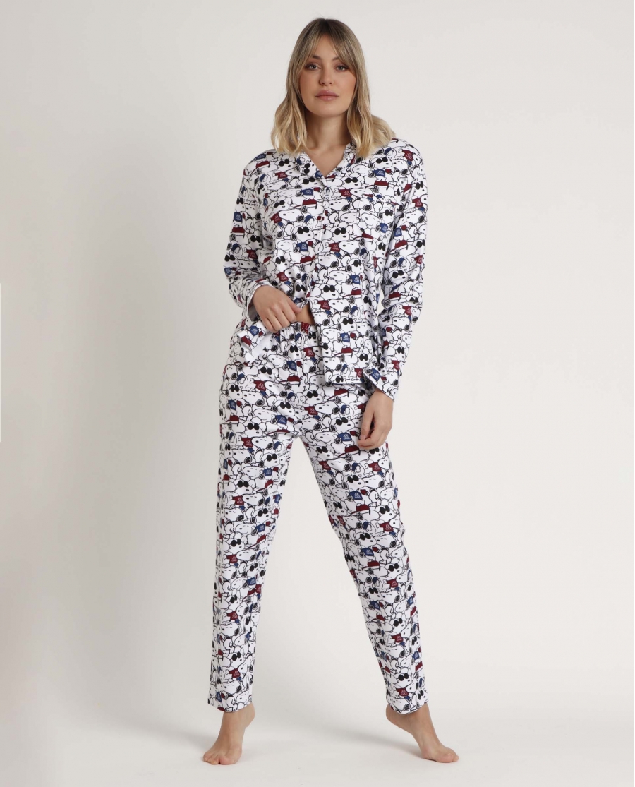 PEANUTS Pijama Abierto Manga Larga Snoopy Cool para Mujer BURDEOS