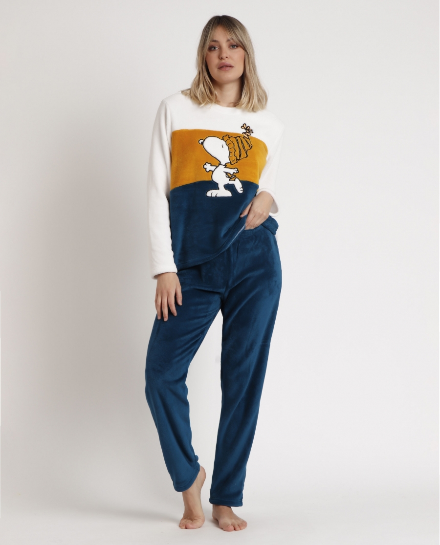 PEANUTS Pijama Calentito Manga Larga Warm & Cozy para Mujer MOSTAZA