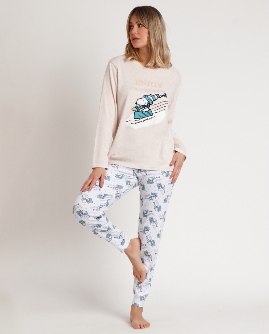 PEANUTS Pijama Manga Larga Let It Snow para Mujer BEIGE