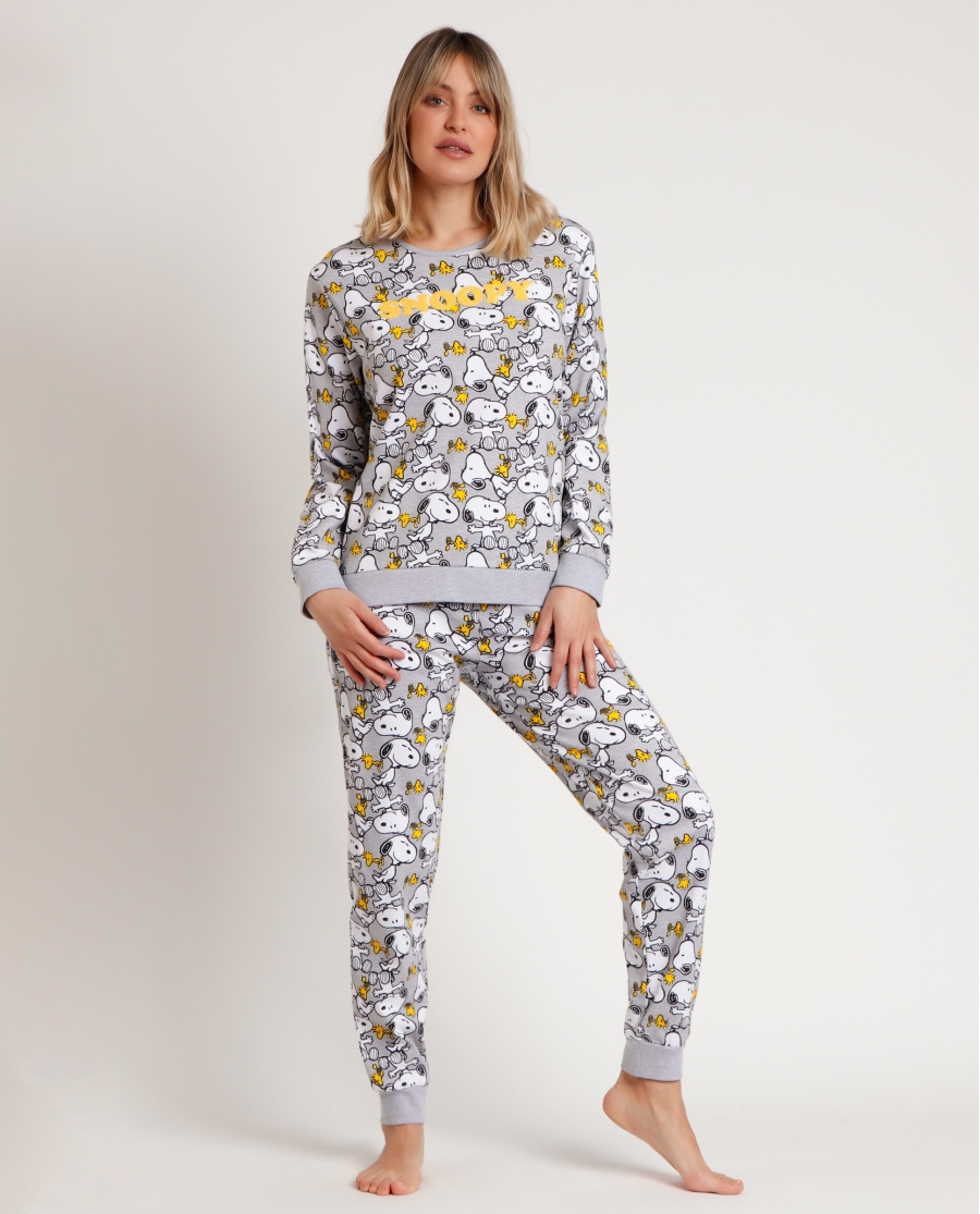 PEANUTS Pijama Manga Larga Estampado Snoopy Funny para Mujer GRIS JASPE