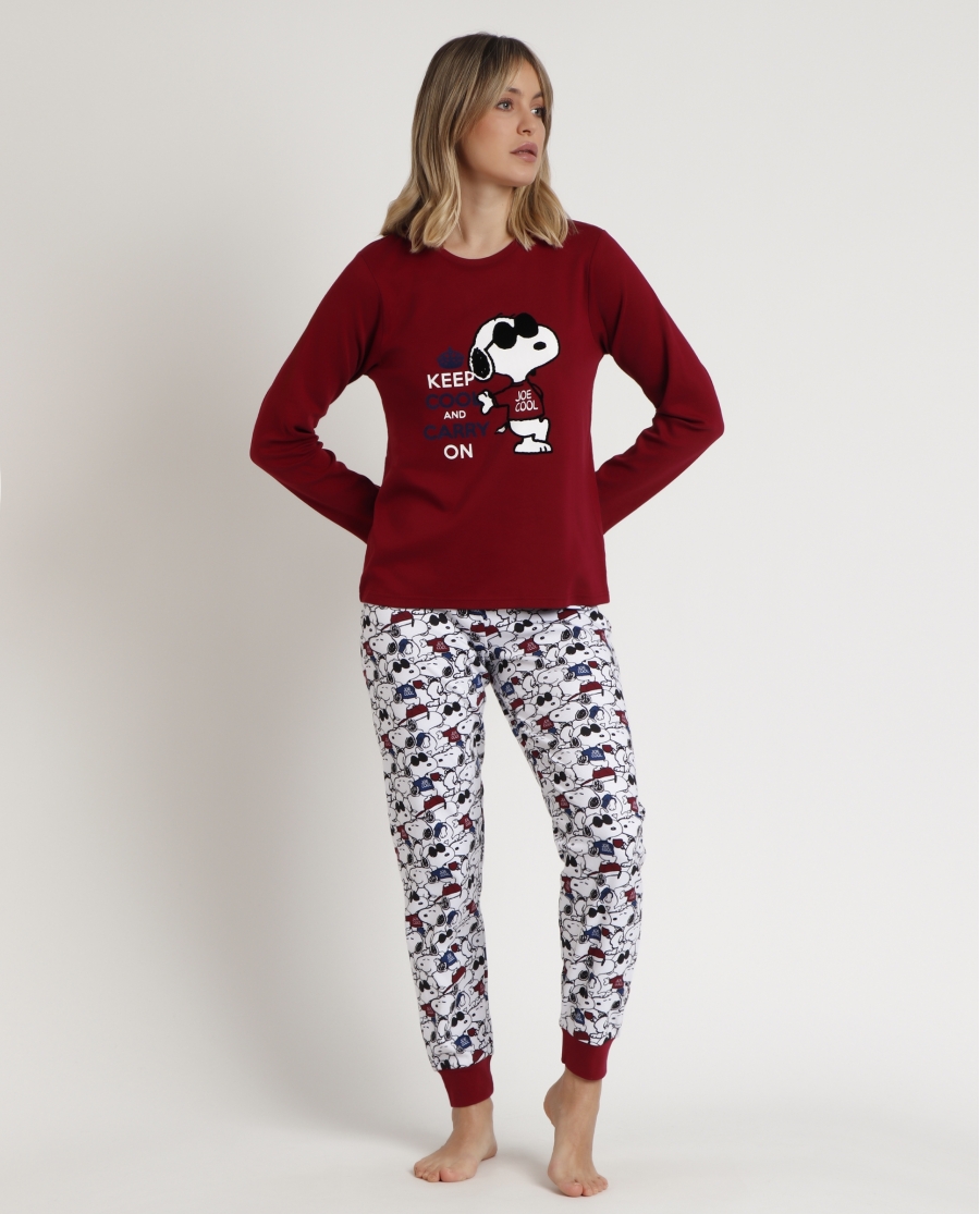 PEANUTS Pijama Manga Larga Snoopy Cool para Mujer BURDEOS