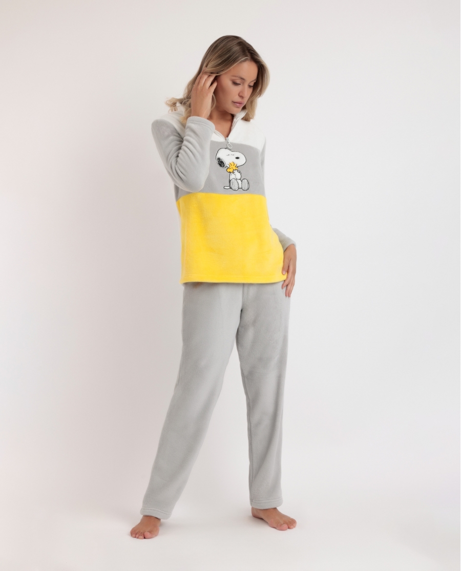 PEANUTS Pijama Manga Larga Calentito Snoopy Funny para Mujer AMARILLO