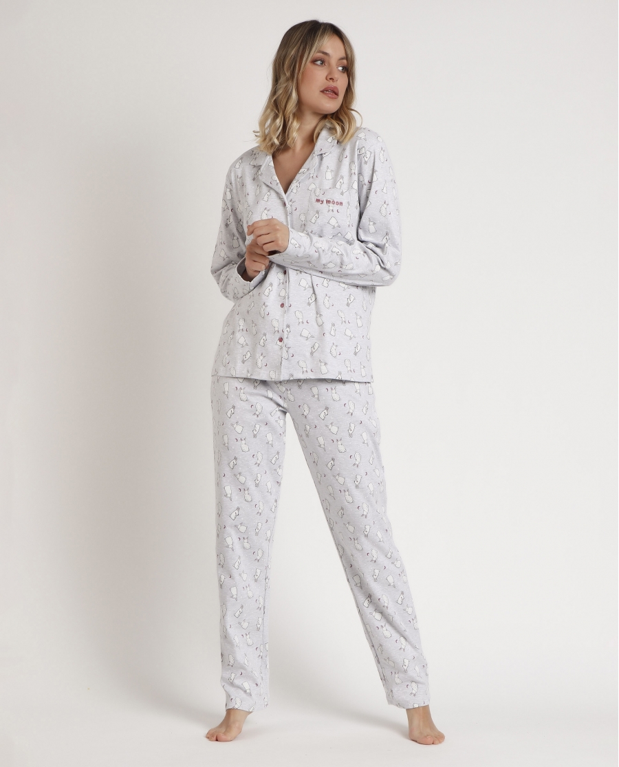 ADMAS Pijama Abierto Manga Larga Bunnies On The Moon para Mujer GRIS JASPE