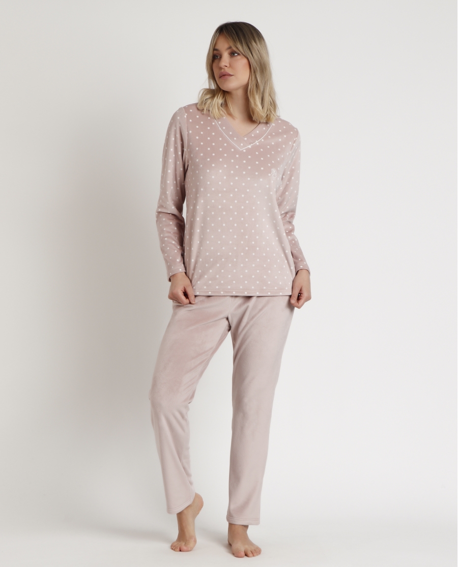 ADMAS CLASSIC Pijama Manga Larga Velvet Pico Dots Lace para Mujer PIEDRA