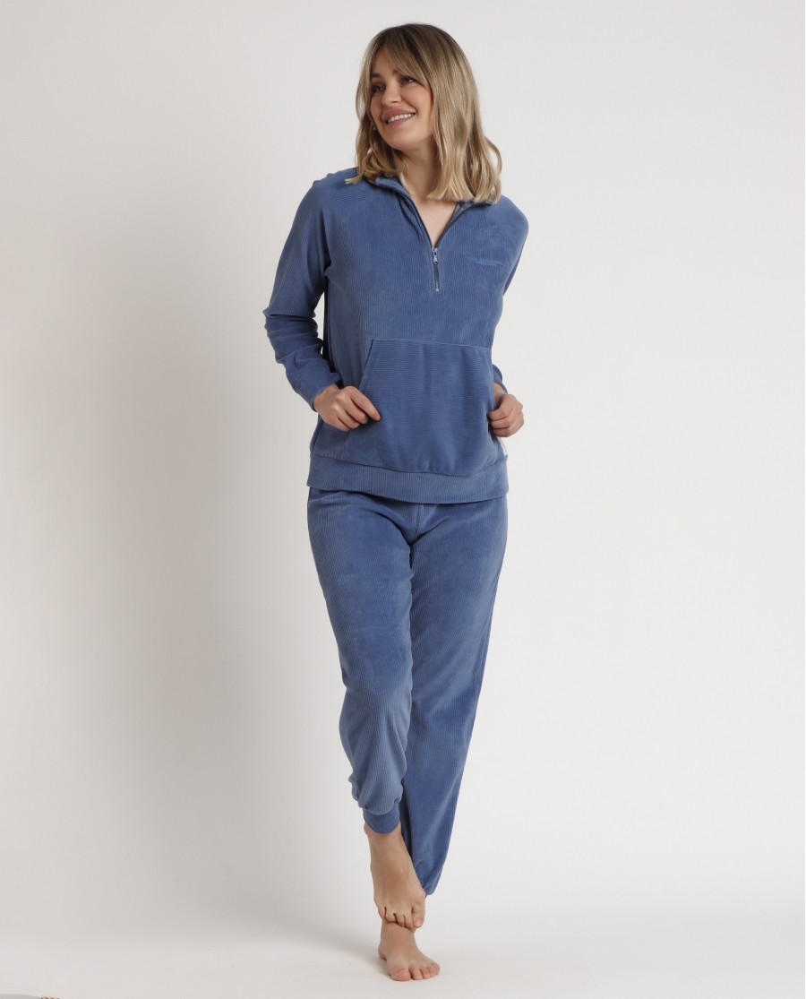 ADMAS HOME Pijama Manga Larga Cremallera Corduroy Home para Mujer AZUL