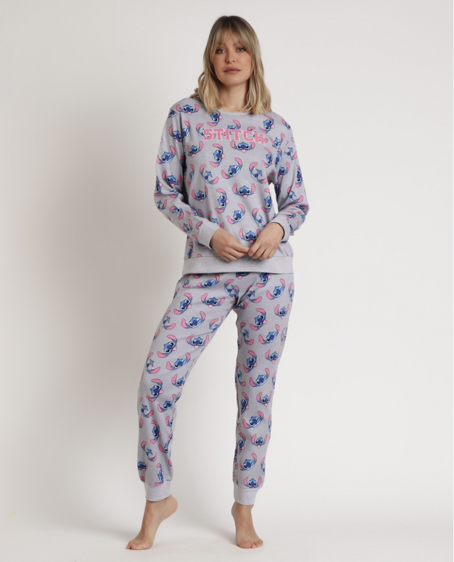 DISNEY Pijama Manga Larga Estampado Stitch Faces para Mujer GRIS JASPE