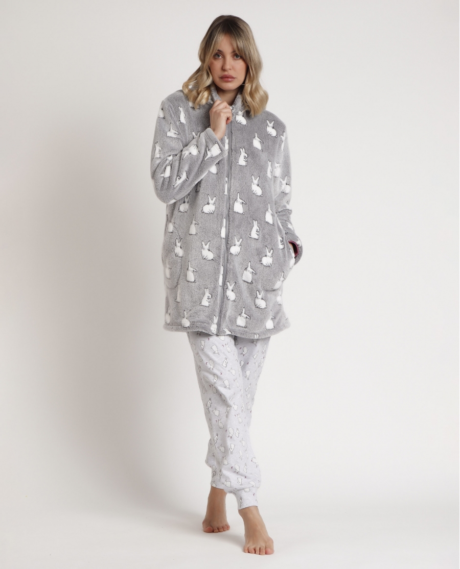 ADMAS Bata Manga Larga Calentita - Bunnies On The Moon Cremallera para Mujer GRIS