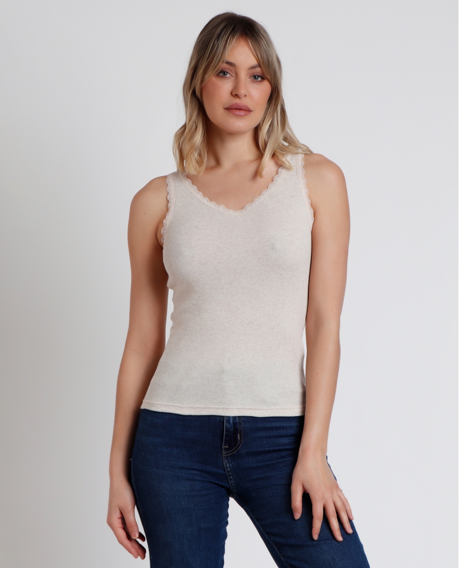 ADMAS Camiseta Sin Mangas Romantic Rib para Mujer BEIGE