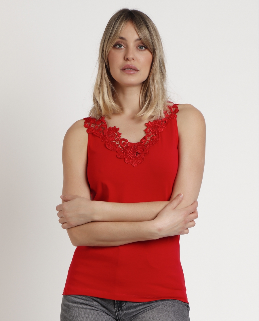 ADMAS Camiseta Sin Mangas Escote Guipur para Mujer ROJO