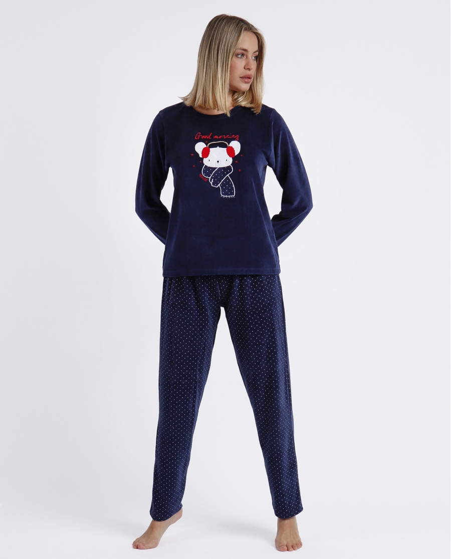 ADMAS Pijama Terciopelo Manga Larga Morning Mouse para Mujer MARINO