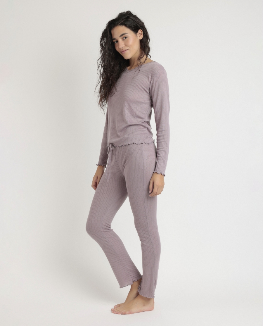 ADMAS Pijama Manga Larga Pico Soft Canalé para Mujer BERENJENA