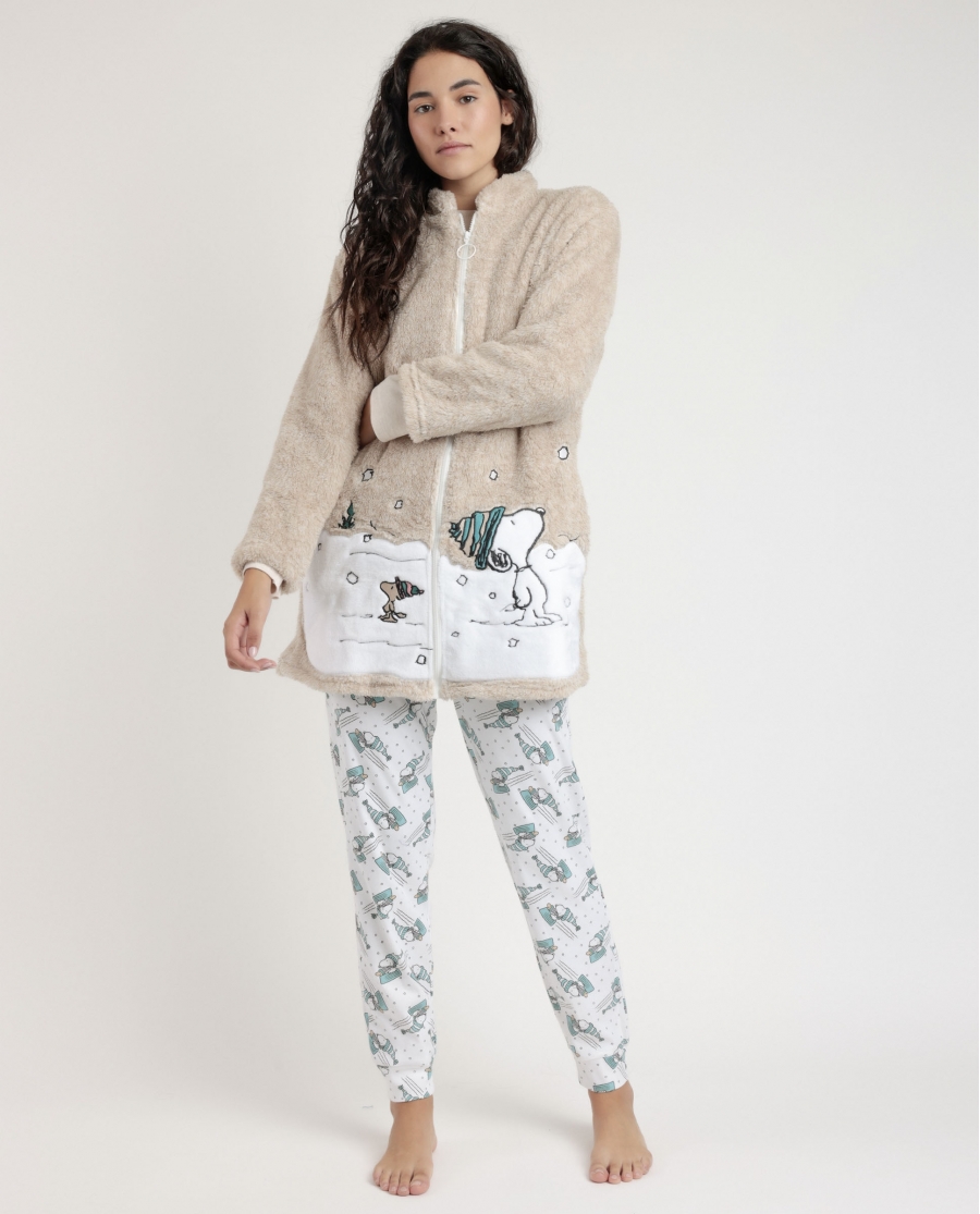 PEANUTS Bata Manga Larga Calentita Let It Snow para Mujer BEIGE