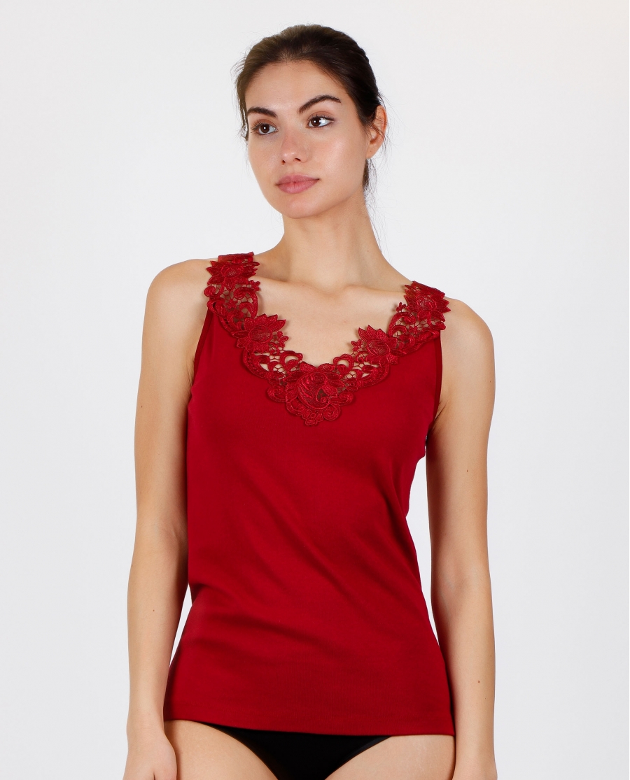 ADMAS Camiseta Navidad Sin Mangas Escote Guipur para Mujer ROJO RUBÍ