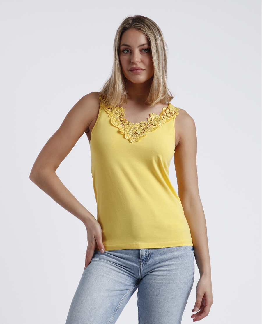 ADMAS Camiseta Sin Mangas Escote Guipur para Mujer AMARILLO