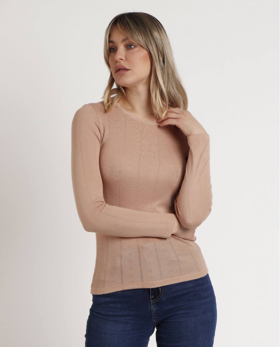 ADMAS Camiseta Manga Larga Canalé para Mujer BEIGE