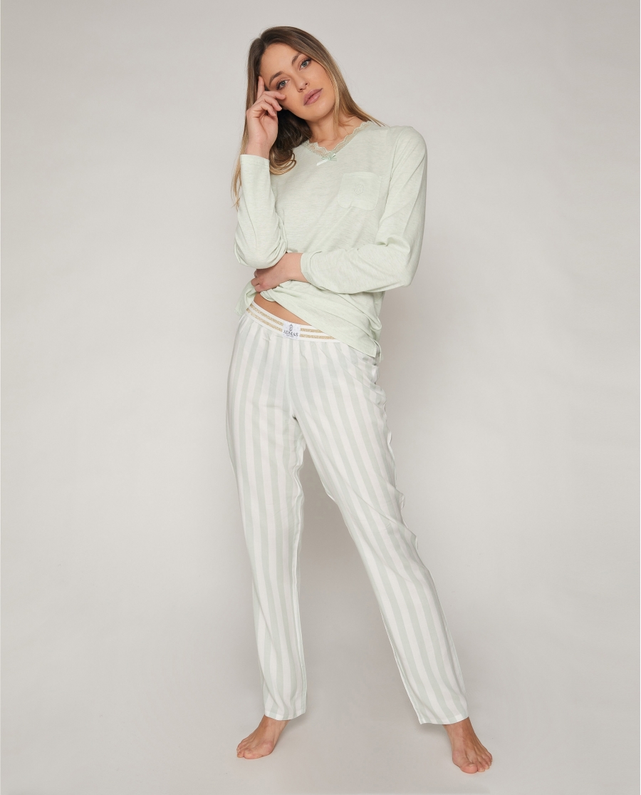 ADMAS CLASSIC Pijama Manga Larga Classic Stripes para Mujer VERDE AGUA