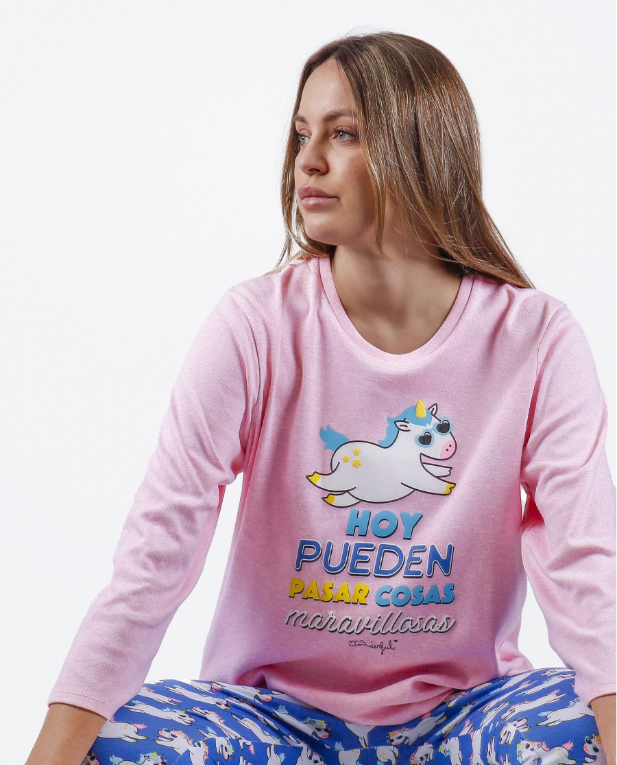 MR WONDERFUL Pijama Manga Larga Unicorn para Mujer ROSA