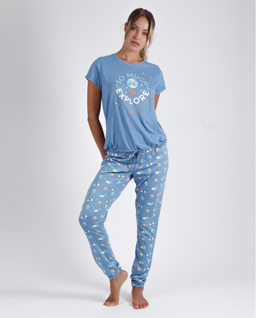 MR WONDERFUL Pijama Manga Corta Explore para Mujer AZUL