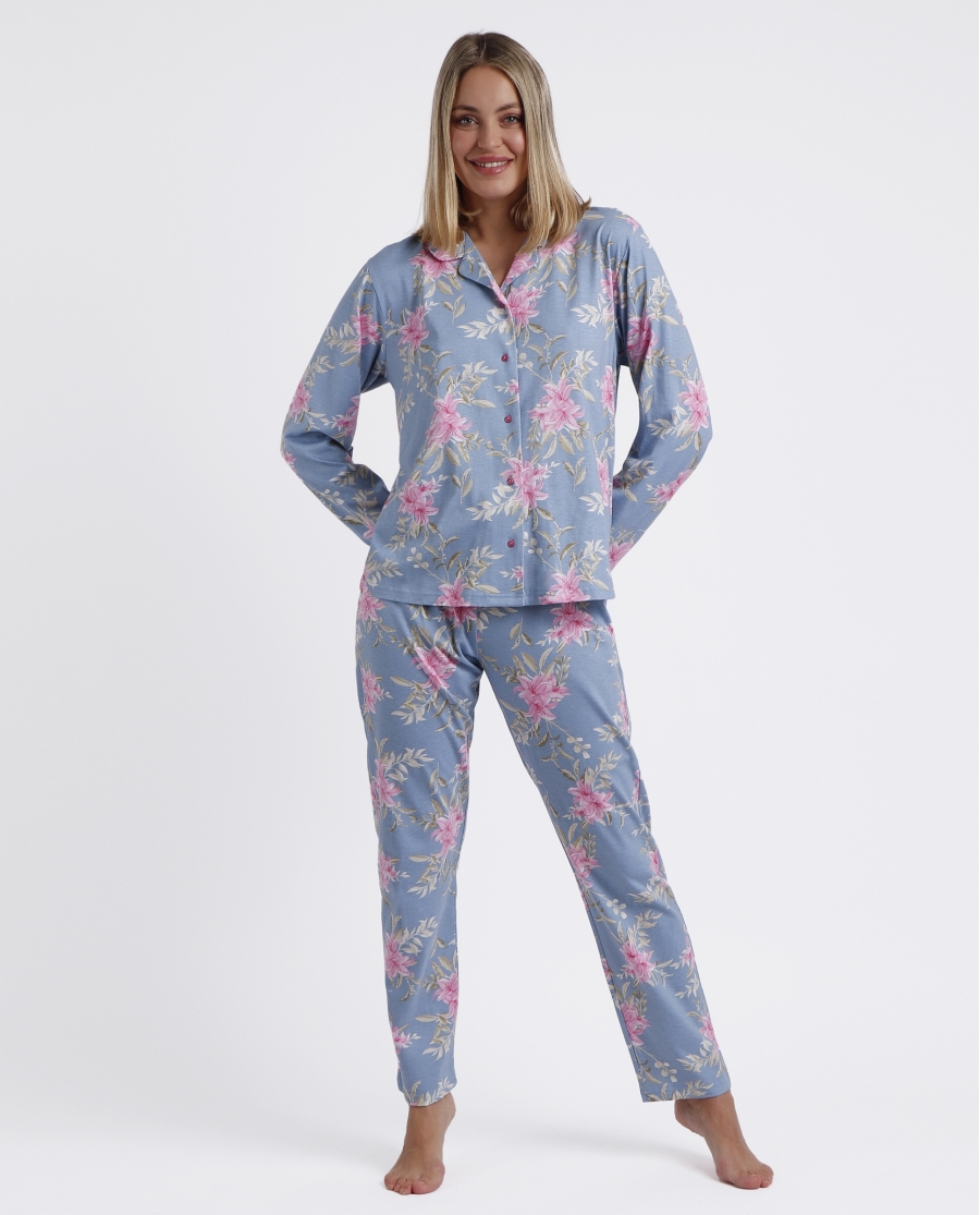 ADMAS GARDEN Pijama Abierto Manga Larga Pink & Blue Flowers para Mujer AZUL