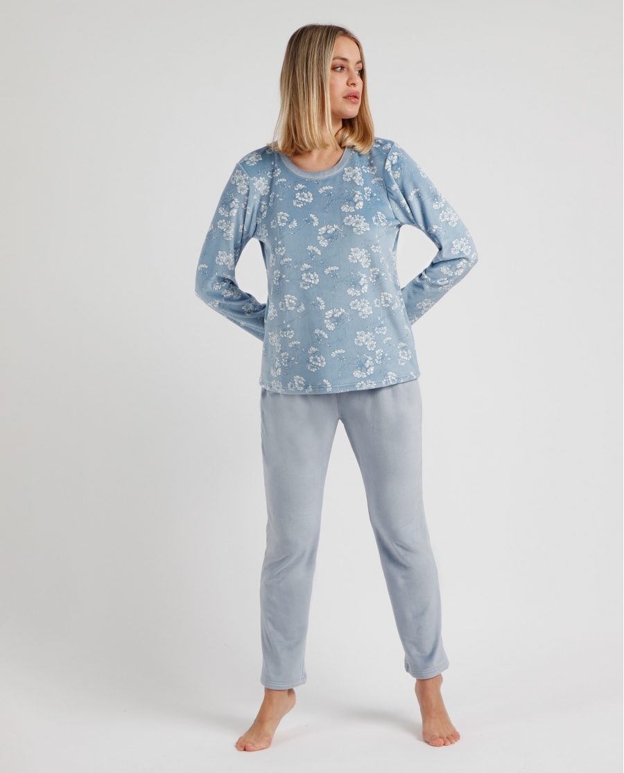 ADMAS GARDEN Pijama Manga Larga Estampado White Flowers para Mujer AZUL