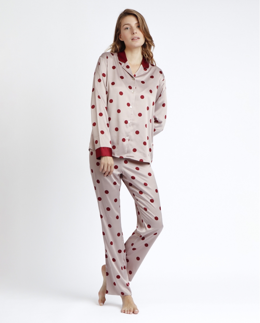 ADMAS CLASSIC Pijama Abierto Manga Larga Satin Elegant Dots para Mujer BURDEOS