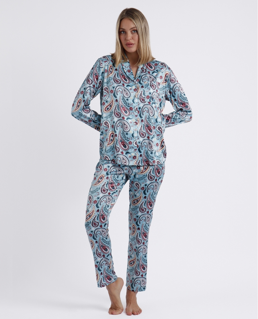 ADMAS GARDEN Pijama Abierto Manga Larga Water Paisley para Mujer AQUA