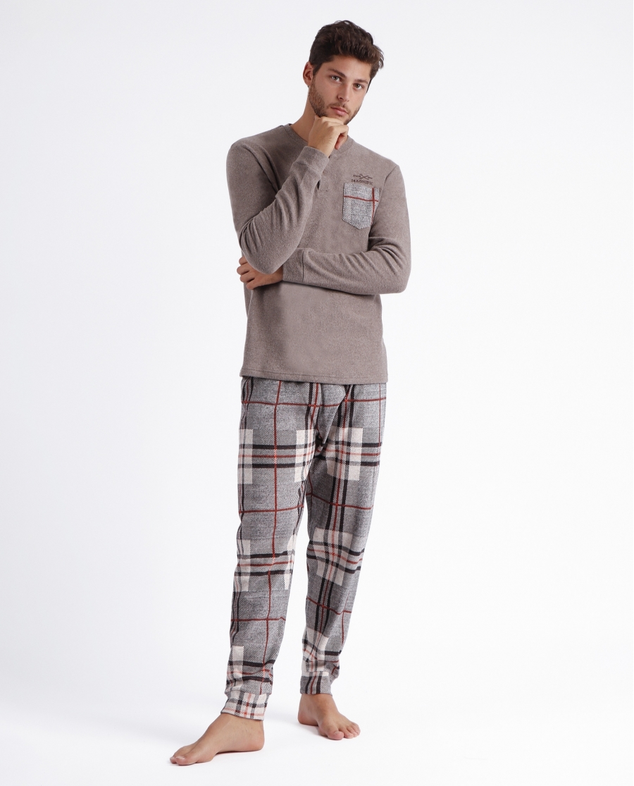 ADMAS MAGNIFIC Pijama Manga Larga Tapeta Tartan para Hombre MARRON