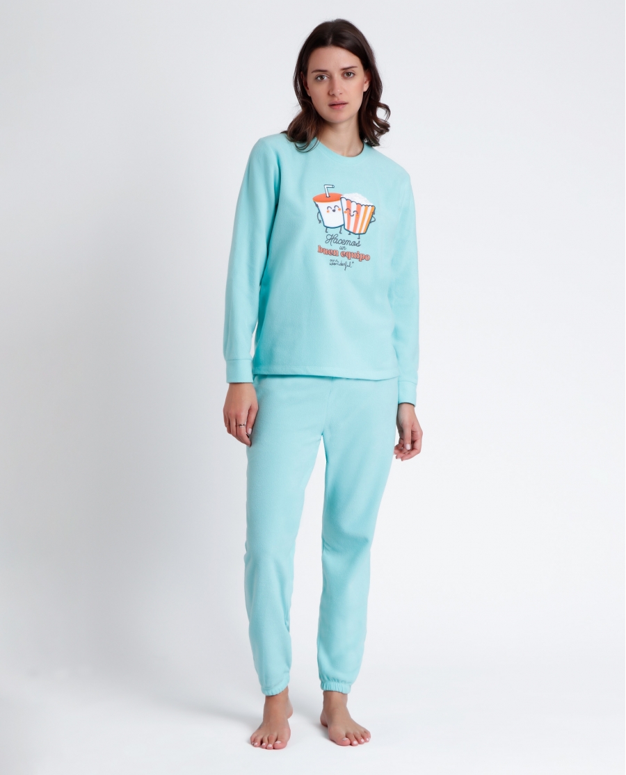 MR WONDERFUL Pijama Micropolar Manga Larga Equipo para Mujer TURQUESA