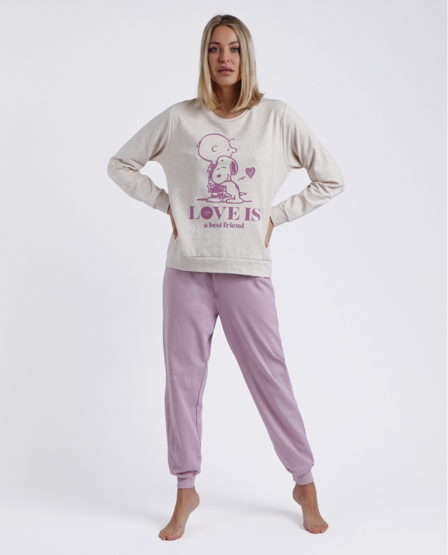 PEANUTS Pijama Felpa Manga Larga Best Friend para Mujer BEIGE