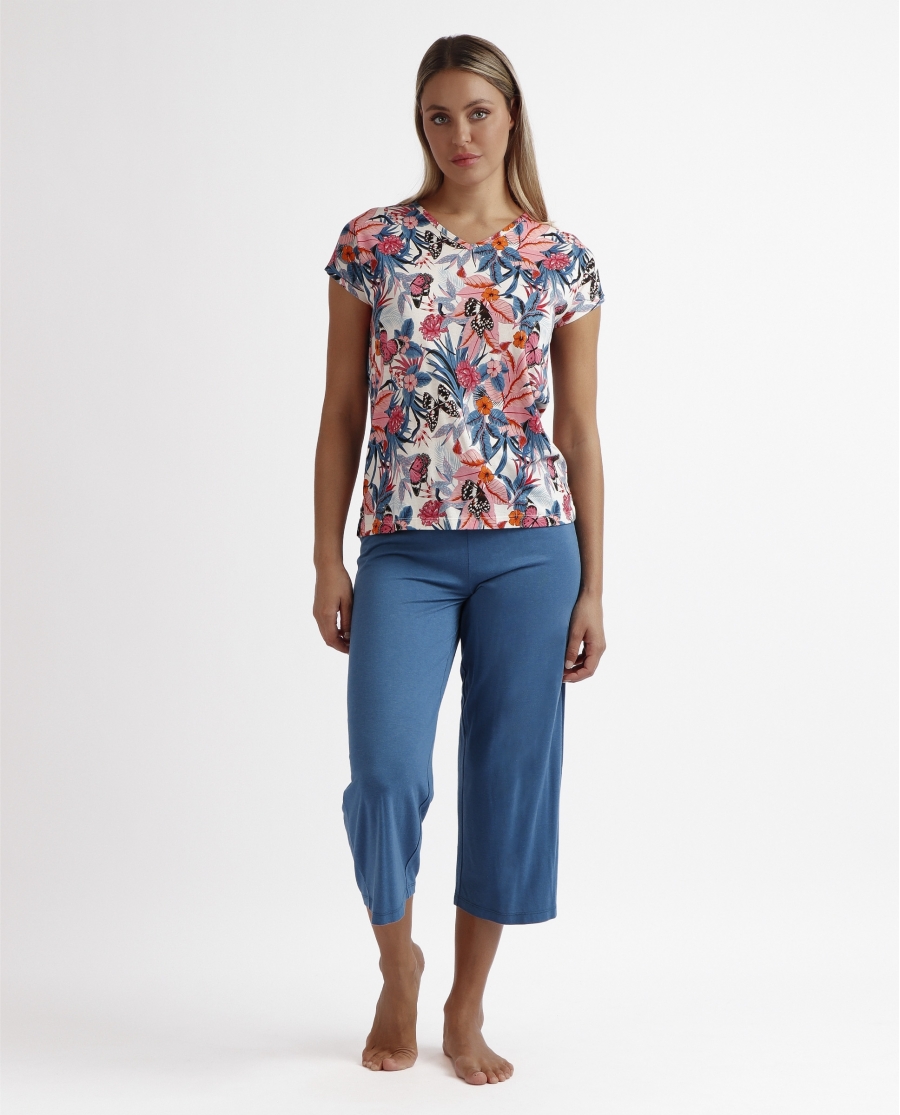 ADMAS GARDEN Pijama Palazzo Manga Corta Butterflies para Mujer AZUL