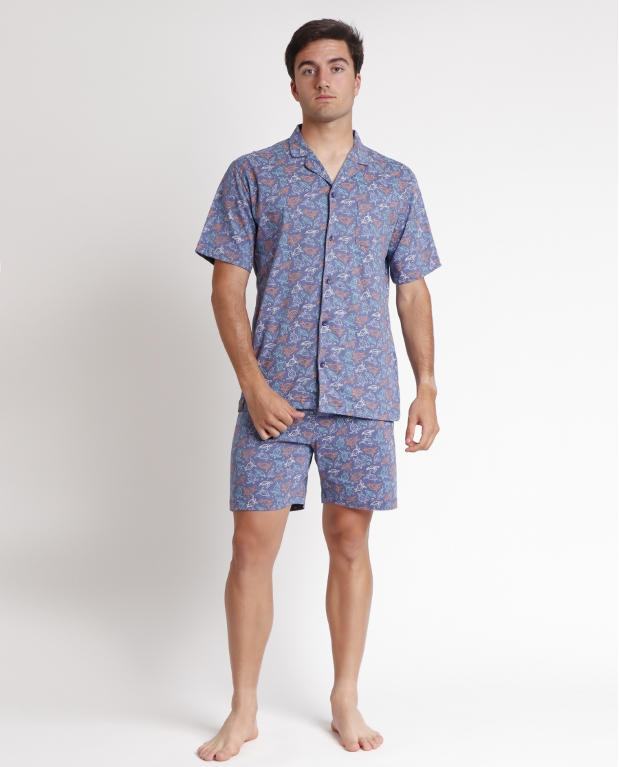 ADMAS Pijama Abierto Manga Corta Ocean Life para Hombre AZUL