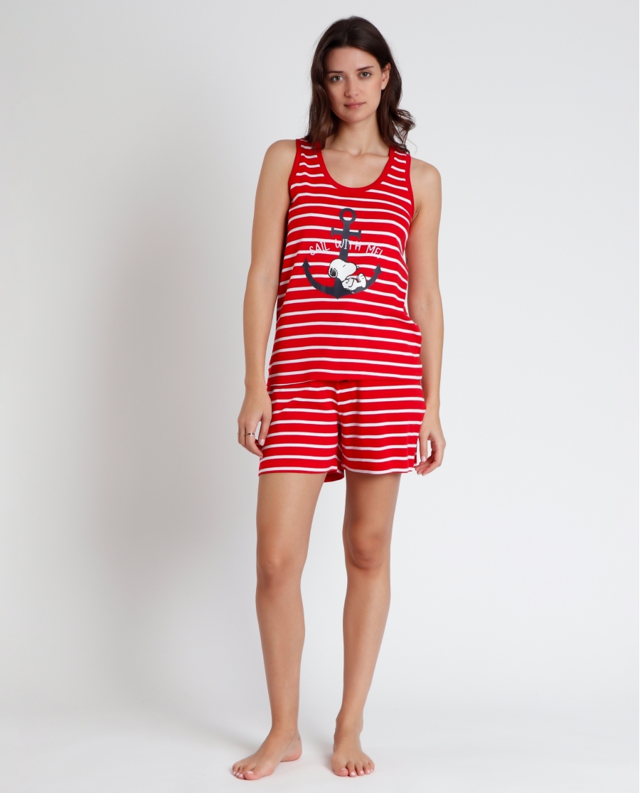 PEANUTS Pijama Sin Mangas Snoopy Navy para Mujer ROJO