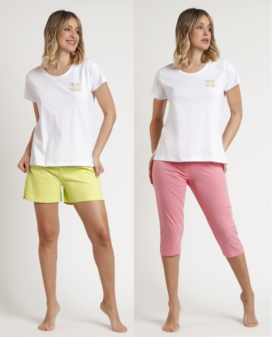 STAY AT HOME Pijama Mix & Match Pack 1 Camiseta y 2 Pantalones para Mujer BLANCO