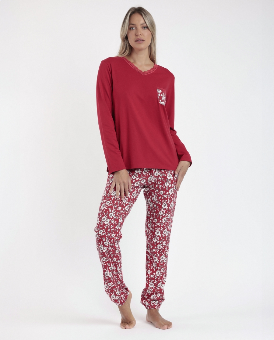 ADMAS GARDEN Pijama Manga Larga Puntilla Romantic Winter para Mujer ROJO