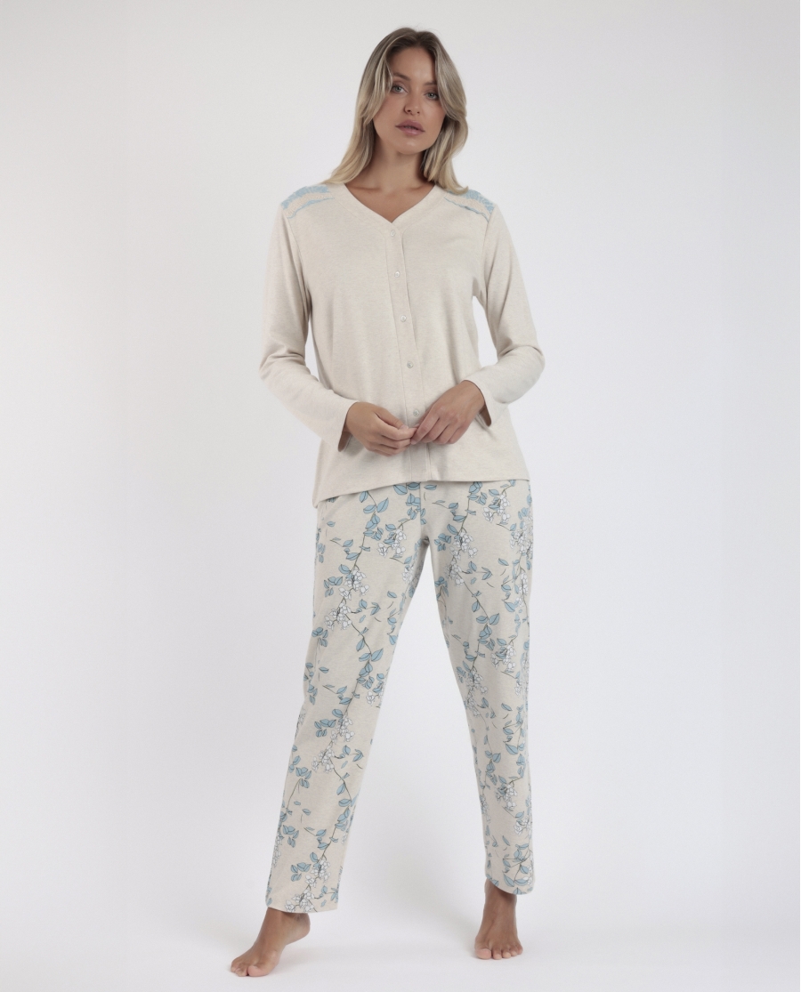 ADMAS Pijama Abierto Manga Larga Climbing Flowers para Mujer BEIGE