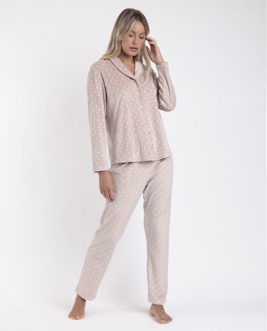 ADMAS CLASSIC Pijama Abierto Manga Larga Velvet Pico Dots Lace para Mujer PIEDRA