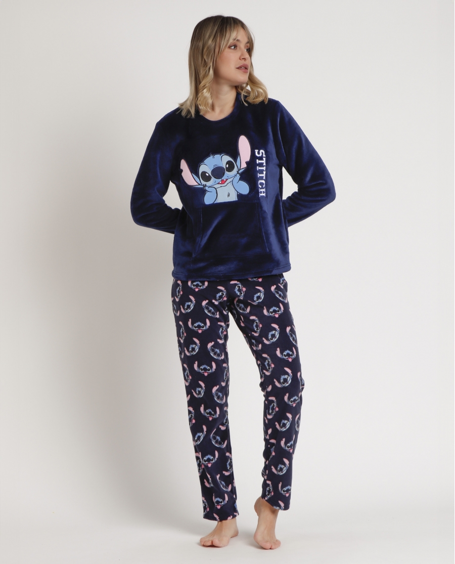 DISNEY Pijama Manga Larga Calentito Stitch Faces para Mujer MARINO