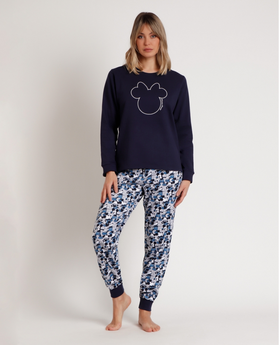 DISNEY Pijama Manga Larga Felpa Mickey Jeans para Mujer MARINO