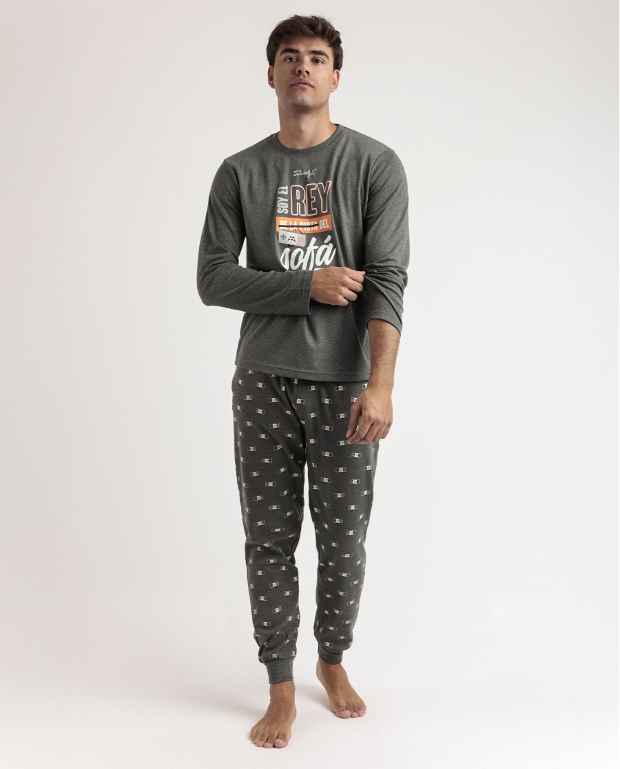 MR WONDERFUL Pijama Manga Larga Rey del Sofa para Hombre GRIS JASPE