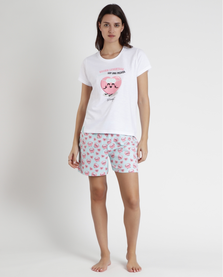 MR WONDERFUL Pijama Manga Corta Pasada para Mujer BLANCO