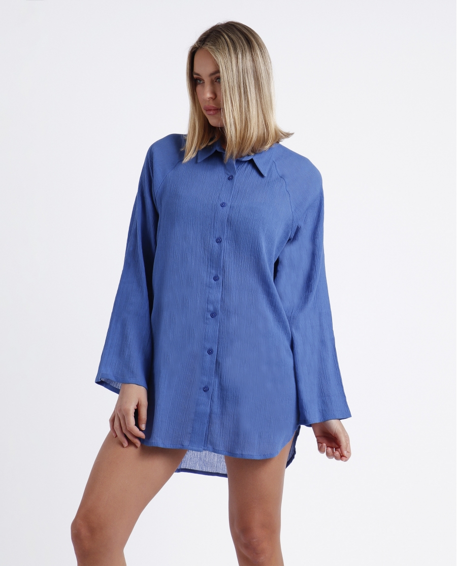 ADMAS Vestido Camisero Manga Larga Playa para Mujer AZUL