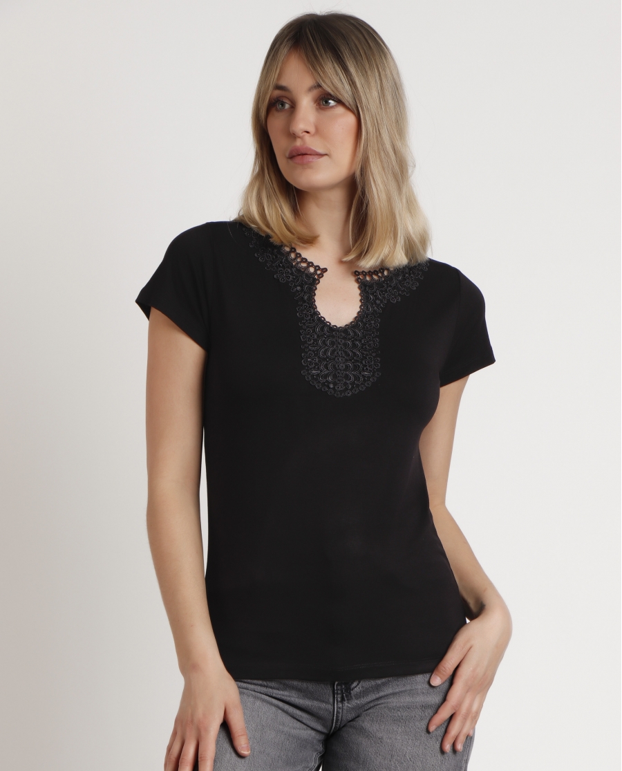 ADMAS Camiseta Manga Corta Guipur para Mujer NEGRO